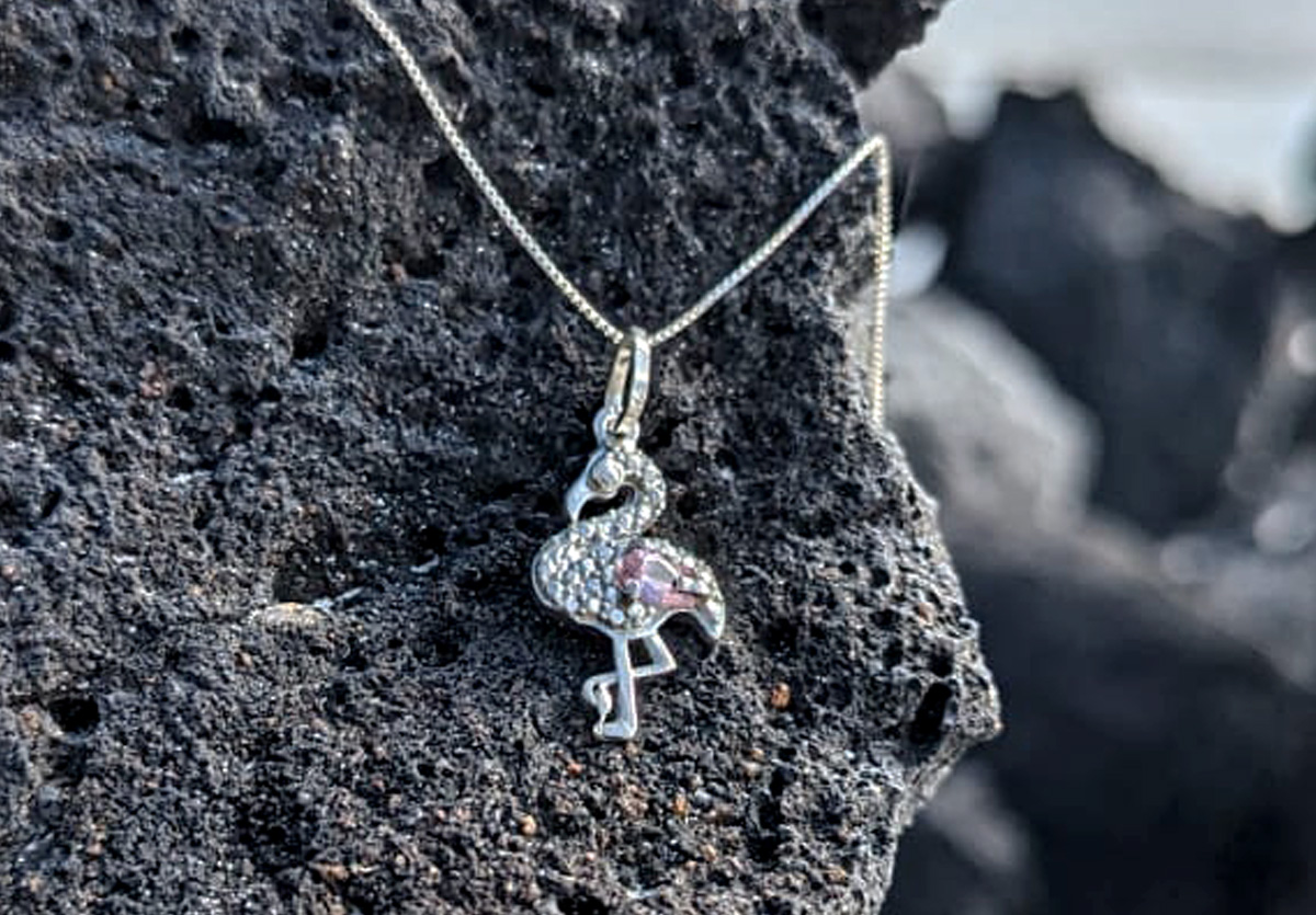 Flamingo gem pendant hanging on lava rock at the beach