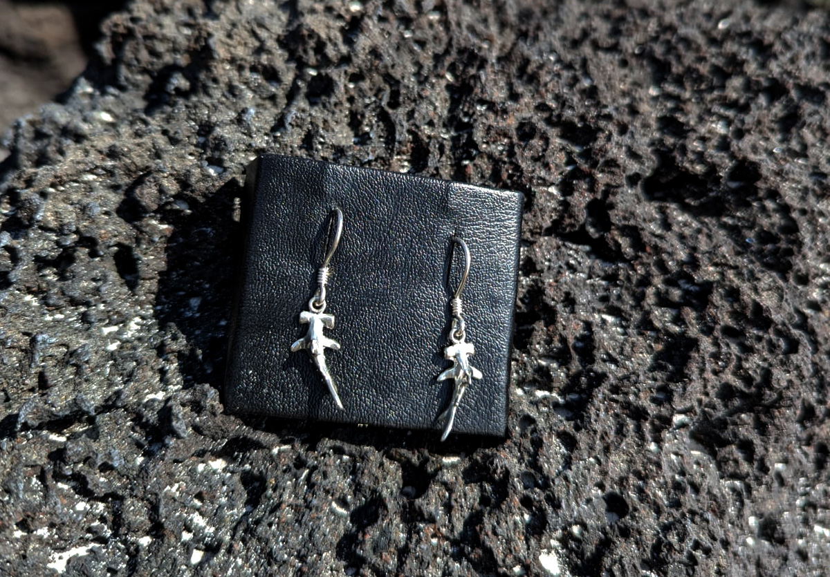 Hammerhead shark earrings on lava rock