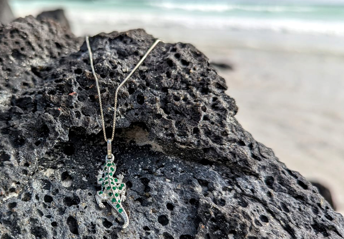 Iguana gem pendant on rocks at beach