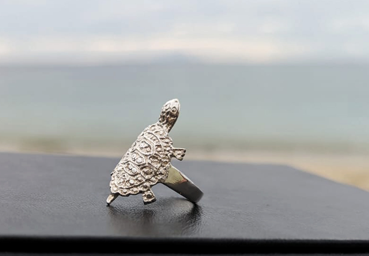 Sea turtle ring on black base in front of sea