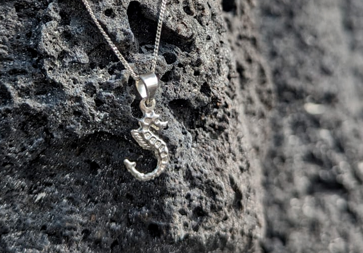 Silver seahorse pendant hanging on lava rock